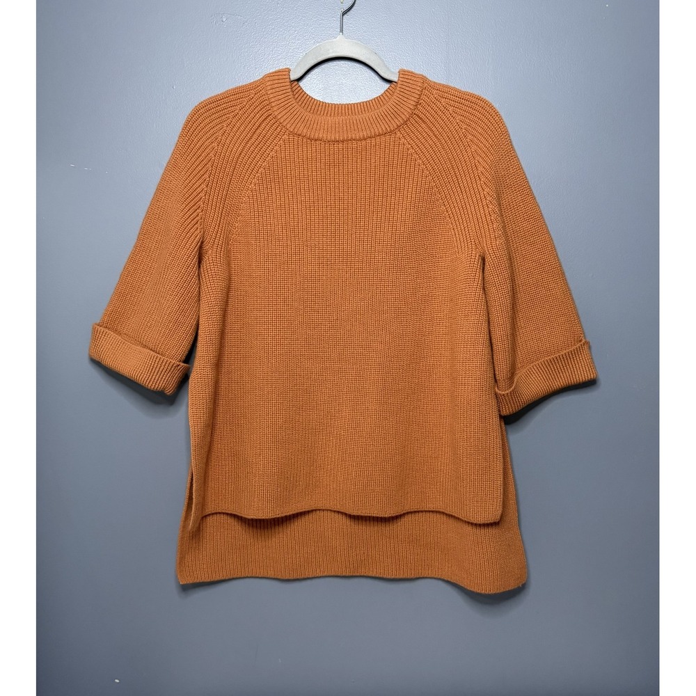 COS Sweater Womens XS Orange 100% Wool Raglan 3/4 Sleeve Chunky Knit Boxy Slits